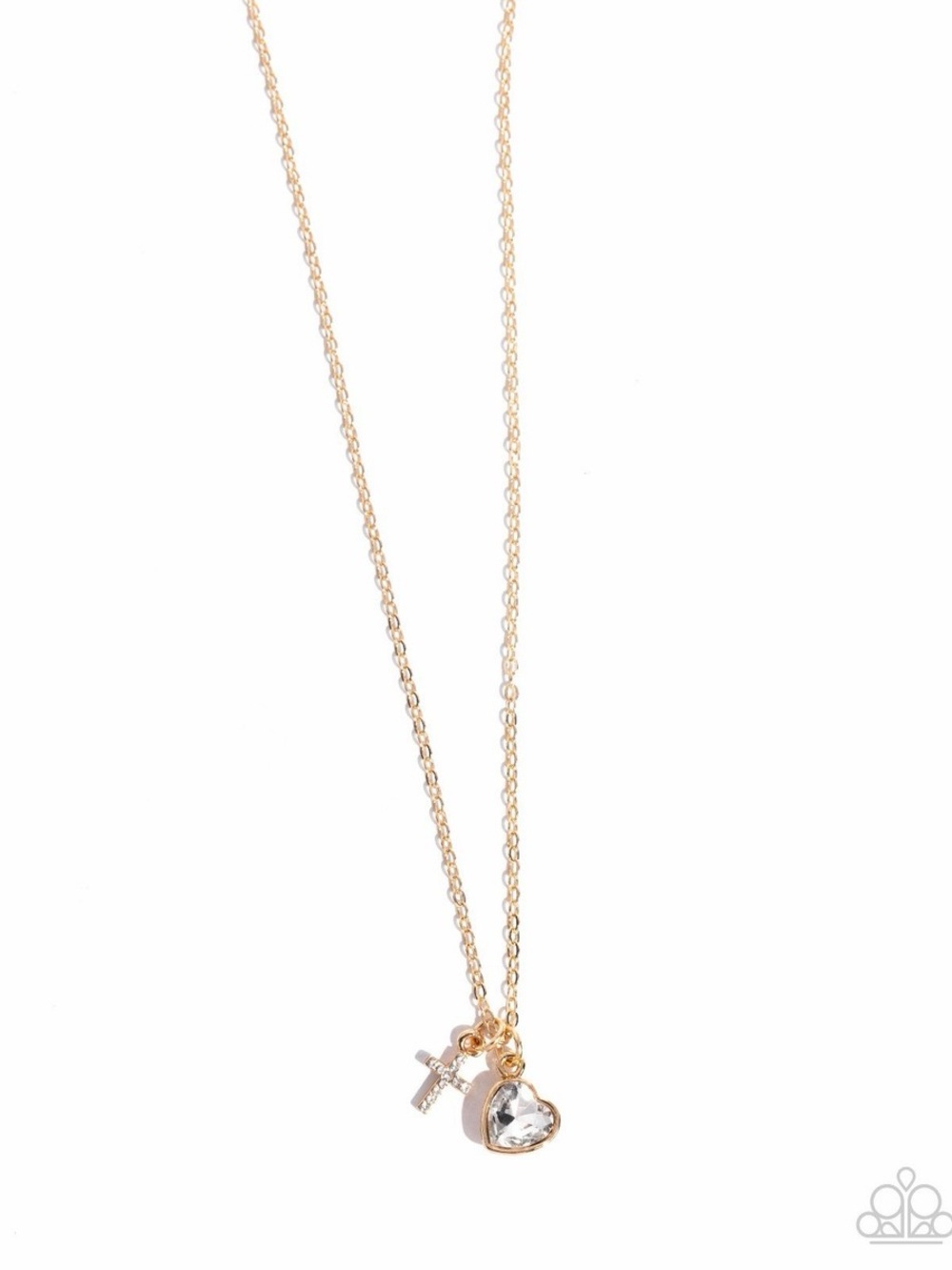 paparazzi Gold Heart Crystal Pendant with Cross Charm - Gold